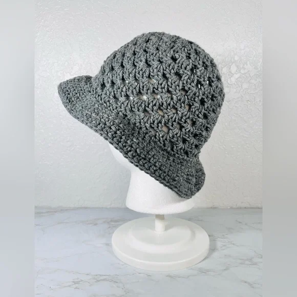 Gray Crochet Bucket Hat - Picture 4 of 7